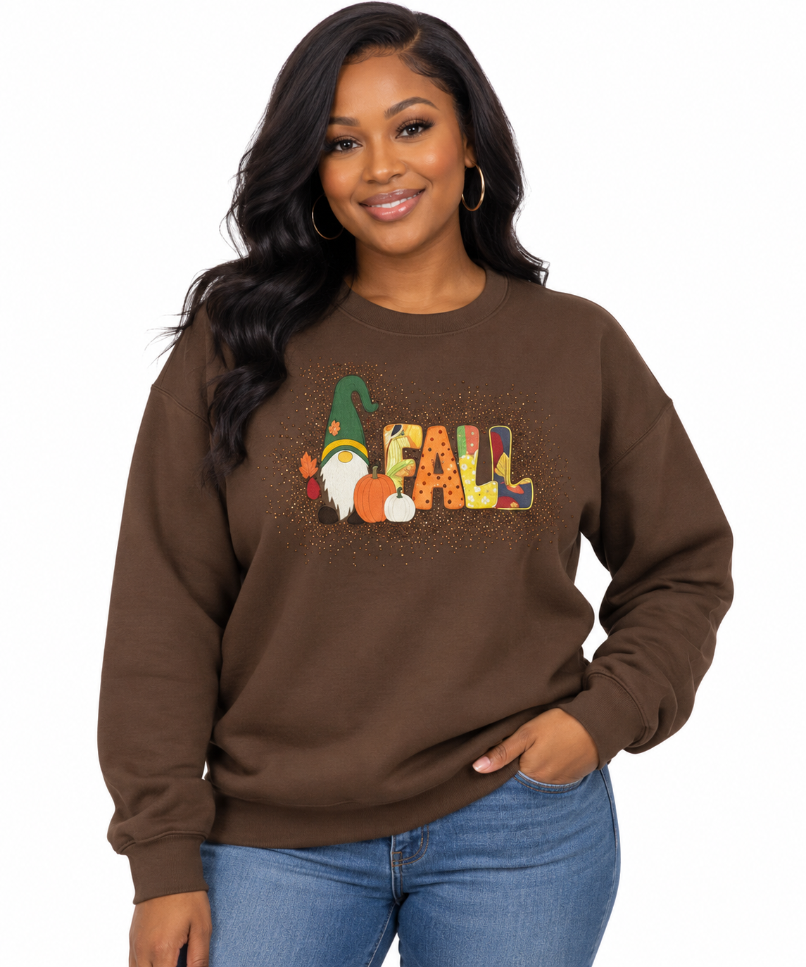 Model wearing brown Gildan Heavy Blend fall gnome rhinestone embroidered sweatshirt