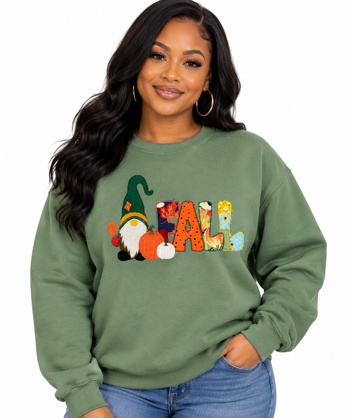 Model wearing green Fall gnome embroidered Gildan Heavy Blend sweatshirt