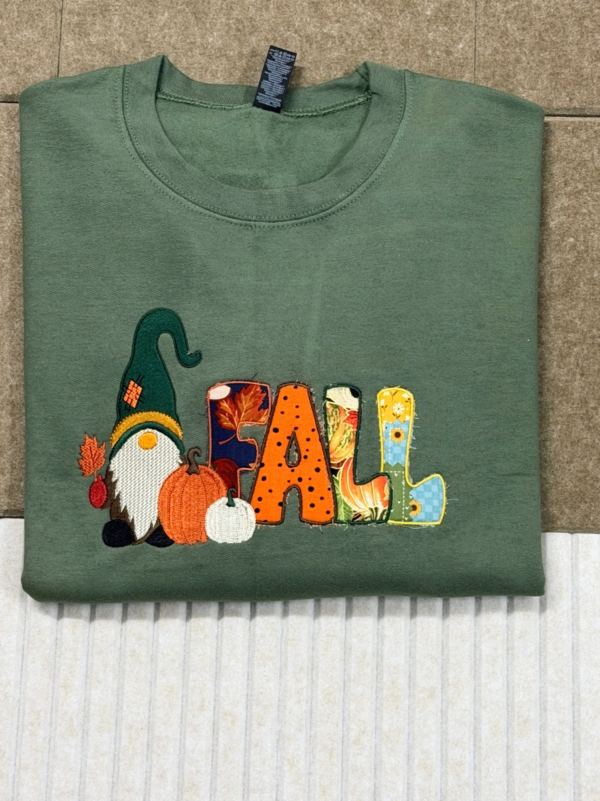 Green Fall gnome embroidered Gildan Heavy Blend sweatshirt front view