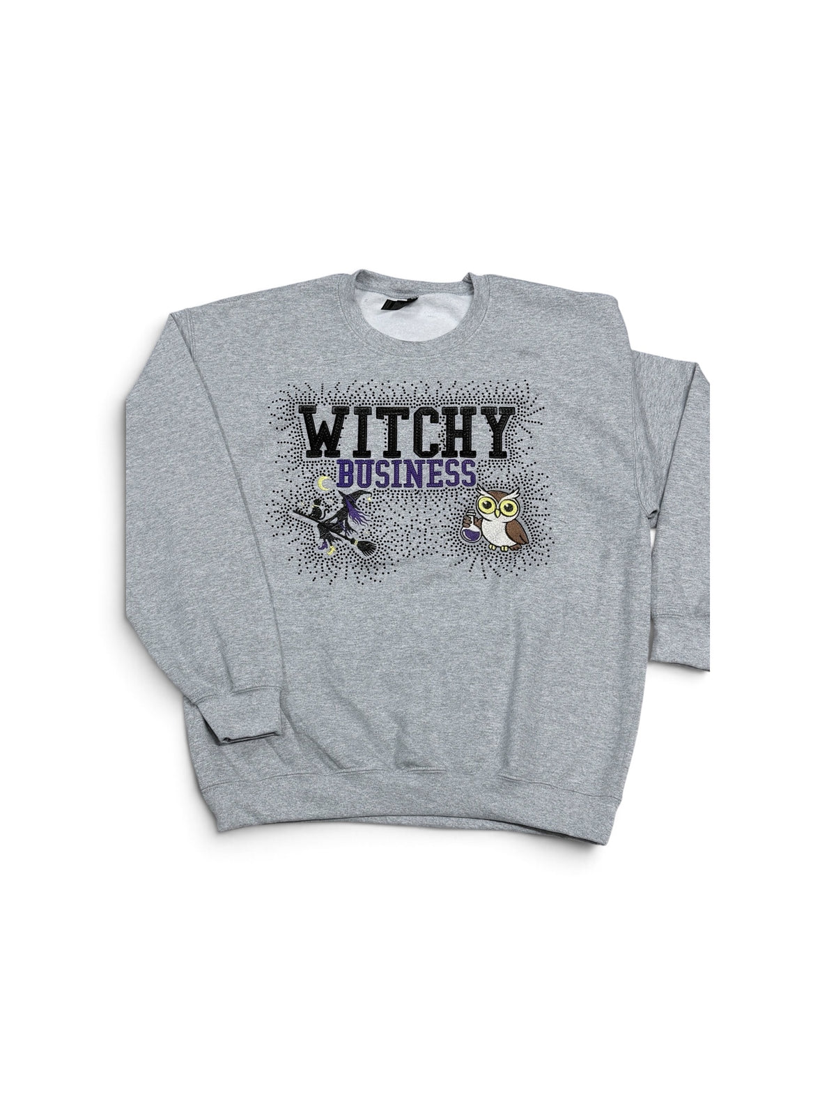 Gray Witchy Business embroidered rhinestone Gildan Heavy Blend sweatshirt